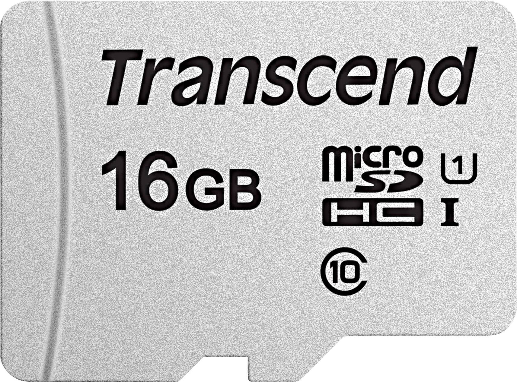 Transcend 16GB microSDHC-kort med hastighetsklass 10 och UHS-I. Lämplig för snabb dataöverföring.