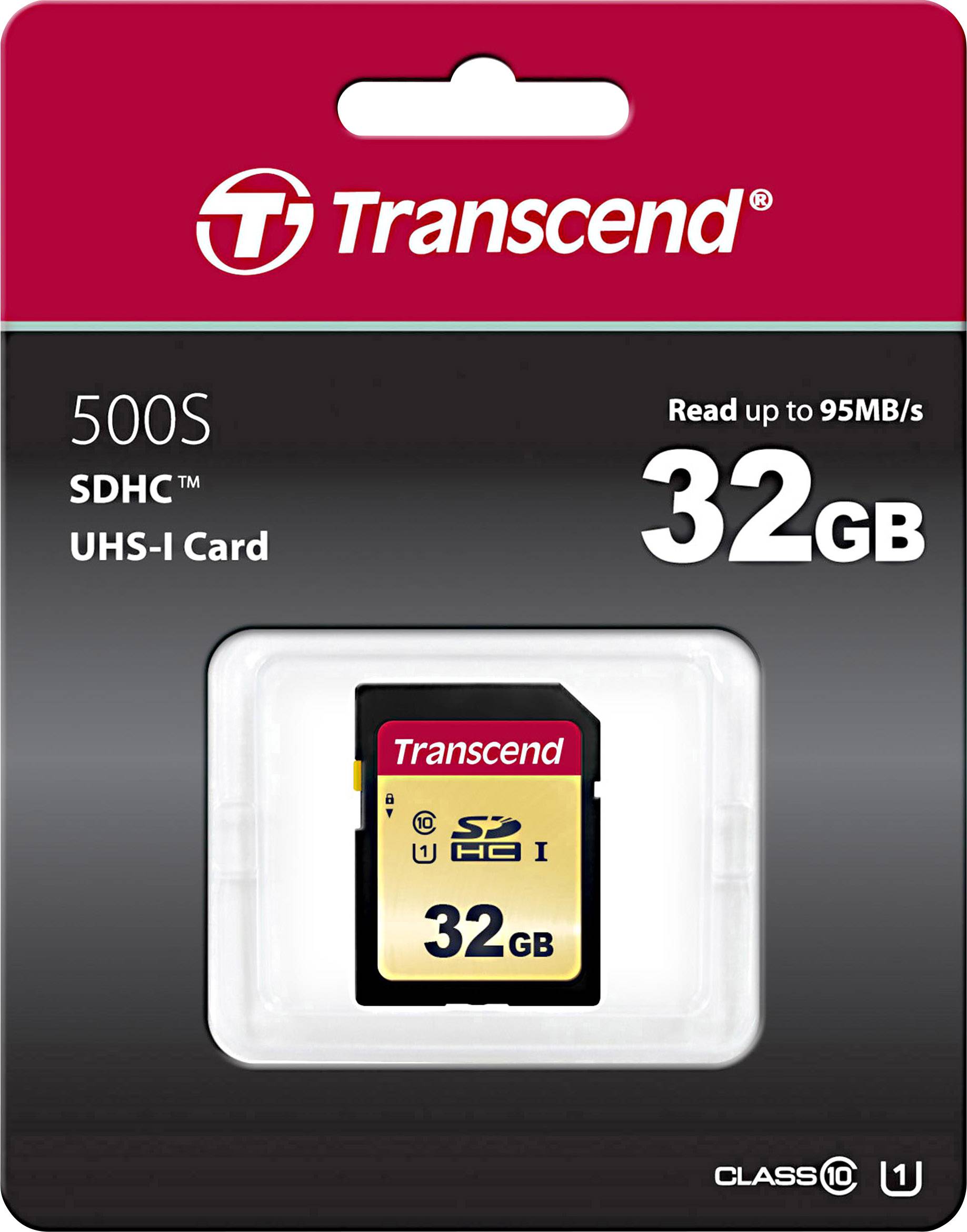 Förpackning för Transcend SD-kort, modell 500S, 32GB kapacitet, hastighet upp till 95 MB/s, SDHC UHS-I Klass 10.