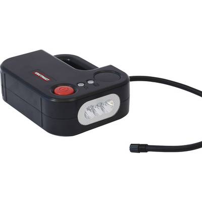 Kompakt, svart elektrisk kompressor med integrerat handtag och liten display. Utrustad med ett manometer och ett slangmunstycke.