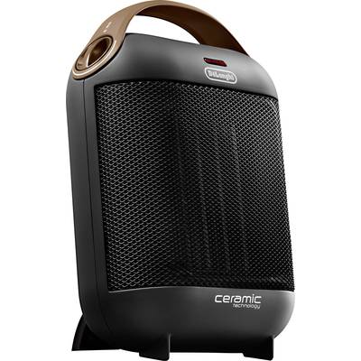 Svart fläktvärmare med handtag och luftgaller, märke DeLonghi, med texten 'ceramic technology', för effektiv värmefördelning.