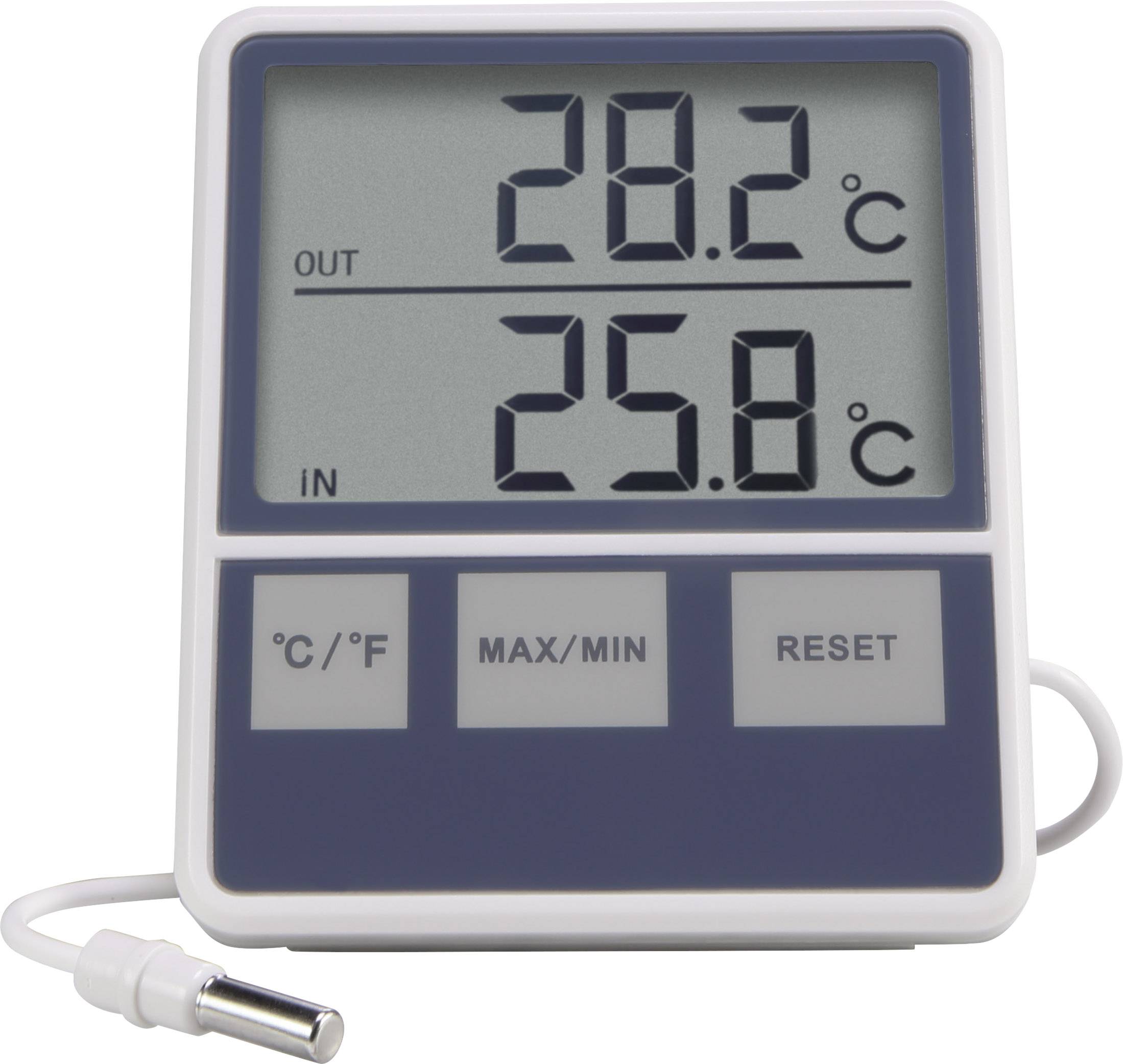 Digitaletermometern visar 28,2°C utomhus och 25,8°C inomhus. Knappar under: '°C/°F', 'MAX/MIN', 'RESET'. Enhet med extern sensor.