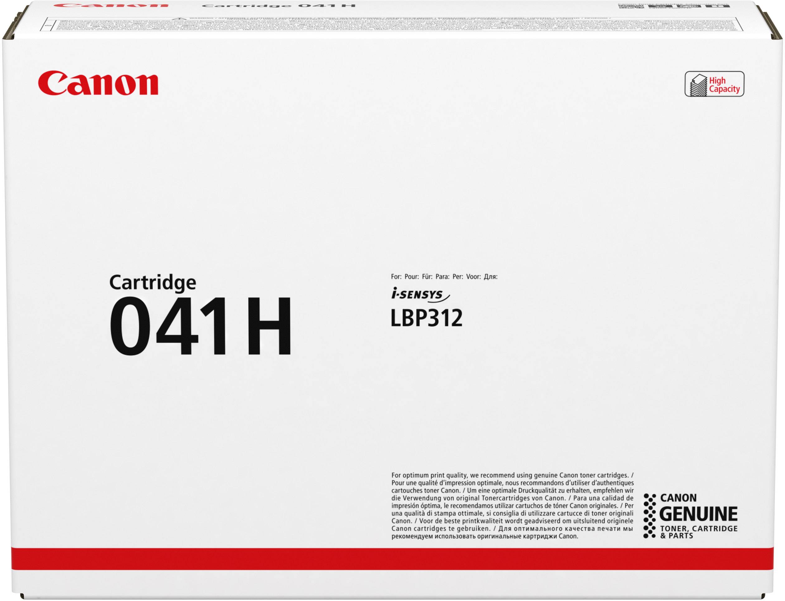 Vit förpackning för en Canon 'Cartridge 041H' för i-SENSYS LBP312, med röd och svart text. Innehåller originalinnehåll.