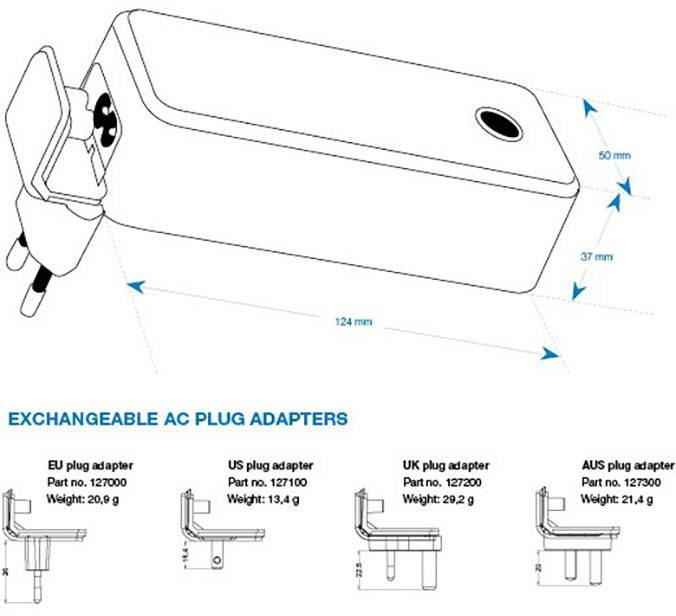 Vit, rektangulär AC-adapter med utbytbar kontakt. Mått: 124 mm x 50 mm x 37 mm. EU-, US-, UK- och AUS-kontaktalternativ visade.