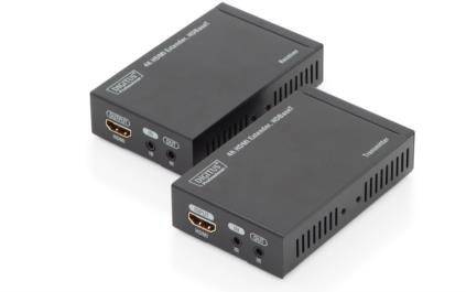 Två svarta HDMI-extenderboxar bredvid varandra, var och en med HDMI-anslutningar och sidventilationsspringor, på vit bakgrund.