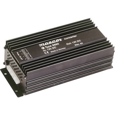 Svart metallapparat med påskrifterna 'converter', 'Type 8660', '12V DC' och 'Max 8A'. Tillverkad i Norge.