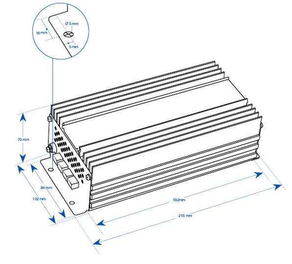 Teknisk ritning av en rektangulär kylare med dimensioner: 215 mm längd, 102 mm bredd, 70 mm höjd. Detaljerade mått för fästhål: 5 mm diameter, 16 mm mellanrum.