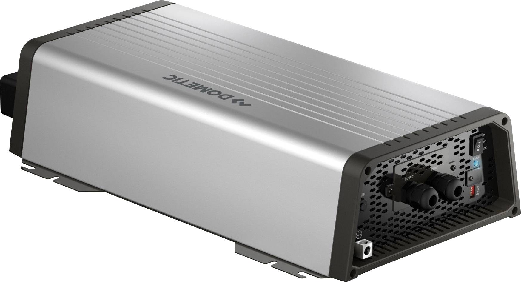 En silver elektrisk spänningstransformator med svarta anslutningar i ändarna.