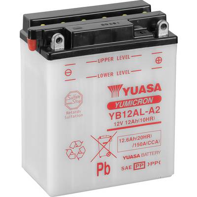 Batteri med påskriften 'YUASA Yumicron YB12AL-A2, 12V 12Ah', visar laddningsnivåindikator. Används i motorcyklar eller liknande fordon.