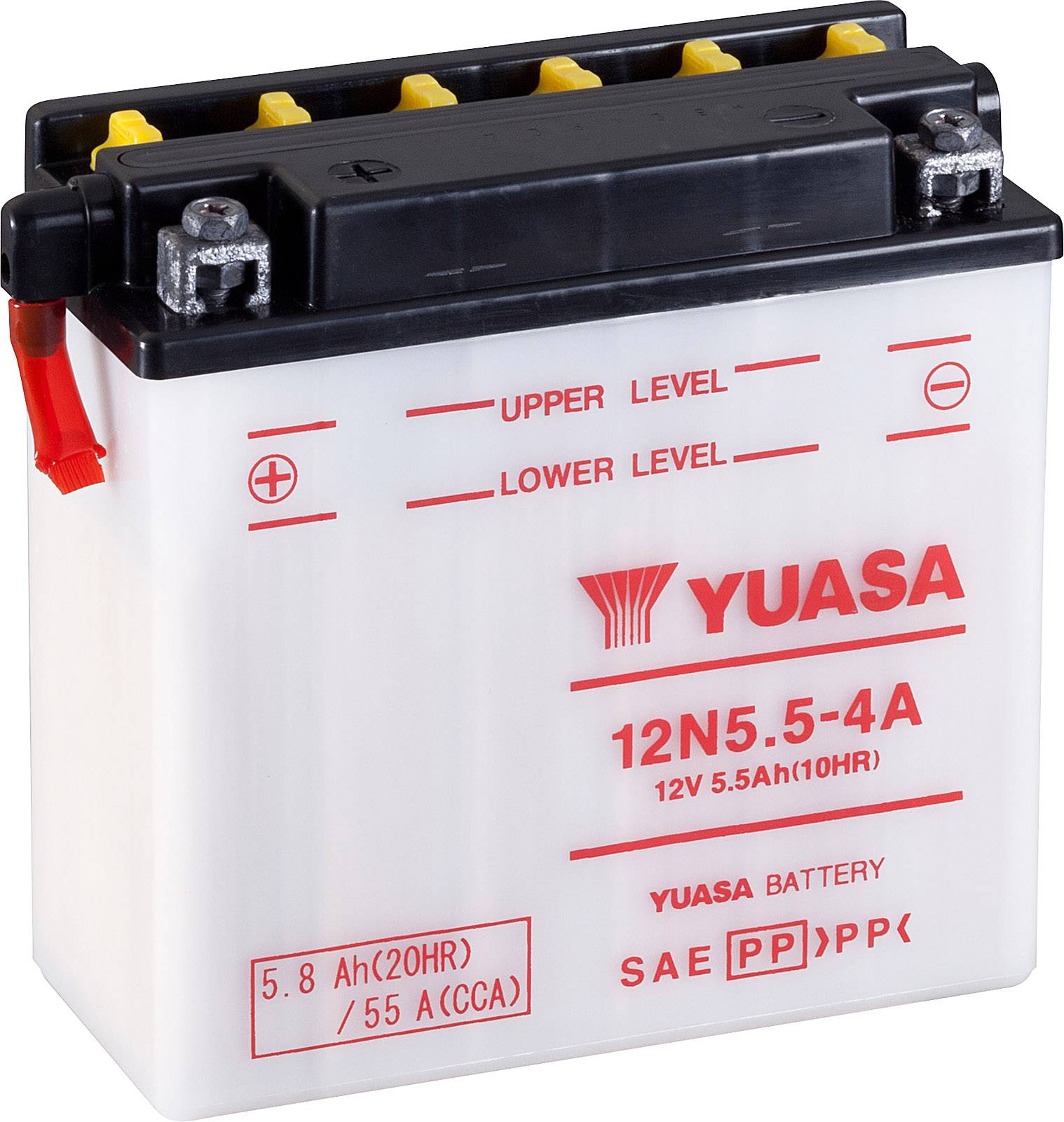 Batteri med röd etikett 'YUASA'. Visar kapacitet 12V 5,5Ah. Markeringar för vattennivå: 'Upper Level', 'Lower Level'.