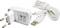 En vit USB-laddare med nätadapter och EU-kontakt. Bredvid ligger en vit USB-laddkabel med USB- och Micro-USB-kontakt.