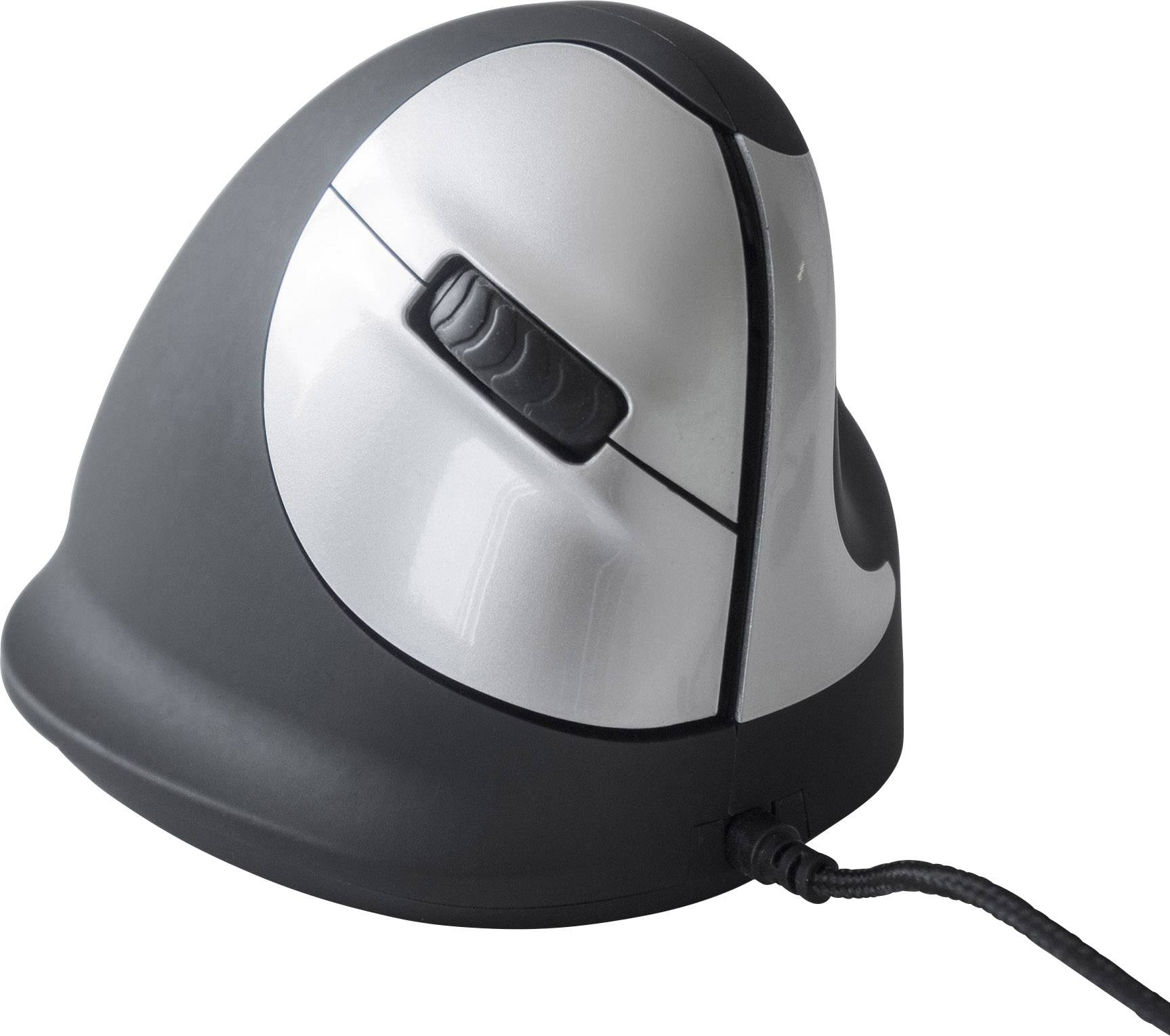 Ergonomisk, kabelansluten, vertikal datormus med grått och svart design. Idealisk för att minska belastningen på handleden.