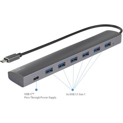 Renkforce 6+1 Port USB 3.1 Gen 1 hubb med pass-thorugh strömanslutning, Aluminiumhölje Silver