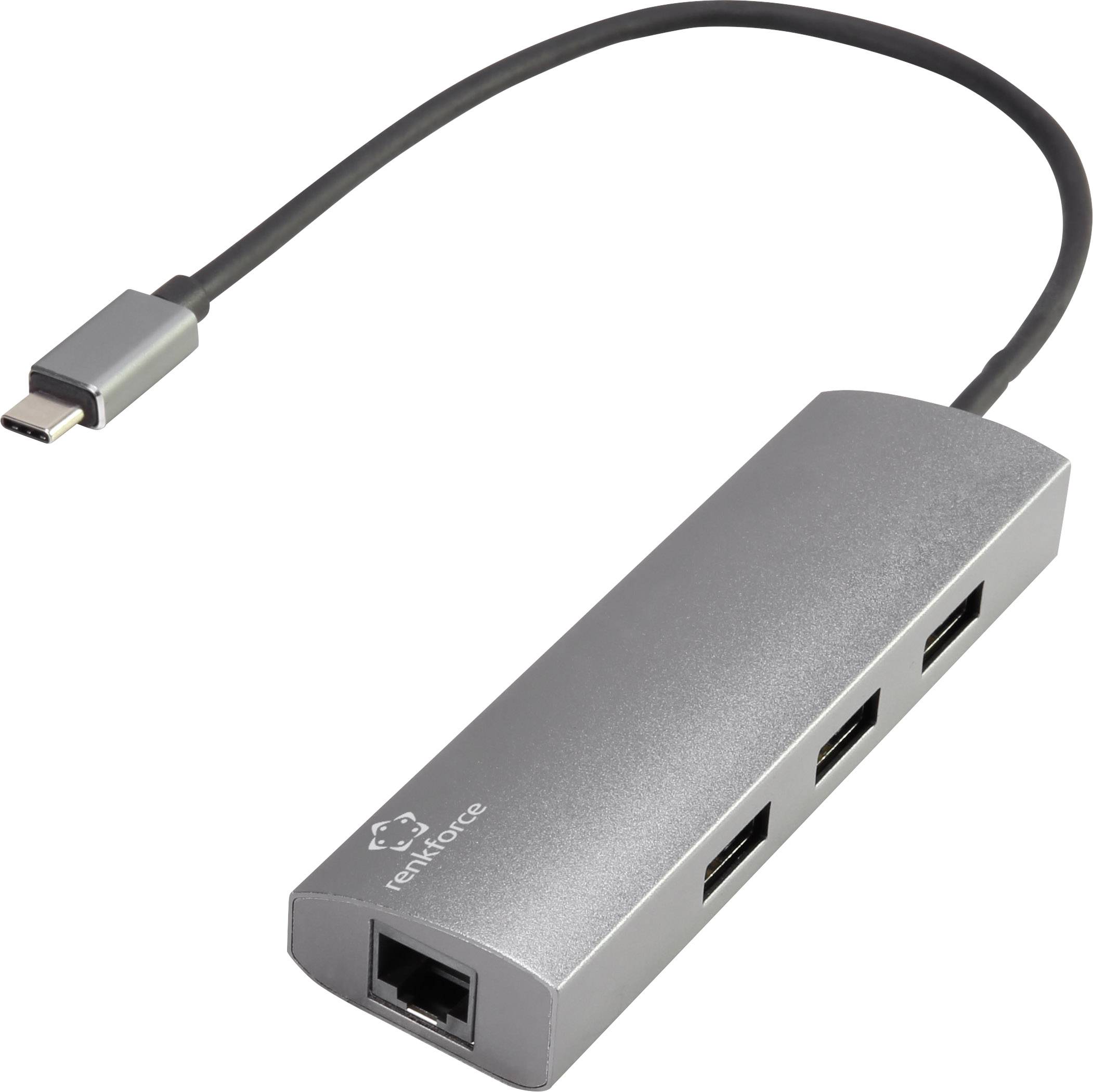 En silverfärgad USB-C-hubb med tre USB-A-portar och en Ethernet-port.