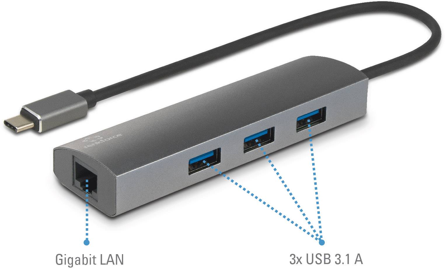 USB-C-hubb med en Gigabit LAN-anslutning och tre USB 3.1-anslutningar.