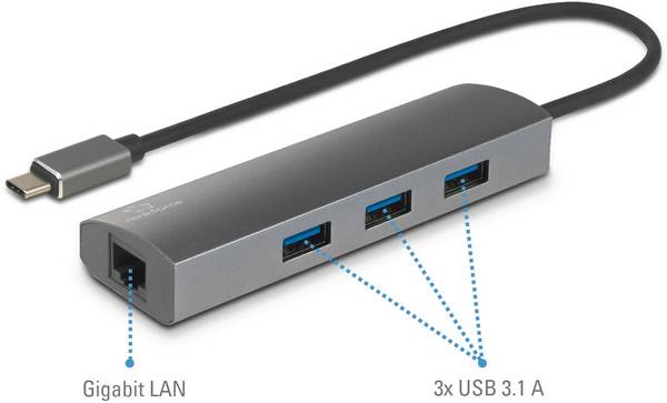 Renkforce  Nätverksadapter/hub  1 GBit/s USB-C® (USB 3.2 Gen 1), Gigabit-LAN (1 Gbit/s) , USB 3.2 Gen 1