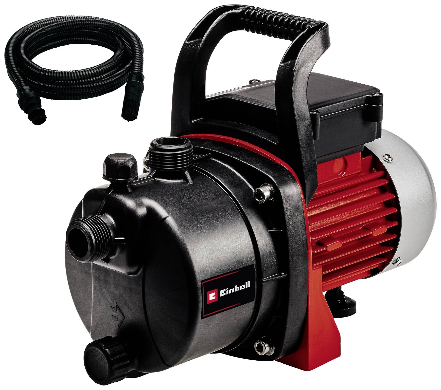 Trädgårdspump med röd motor och svart hölje, handtag överst; flexibel slang uppe till vänster.