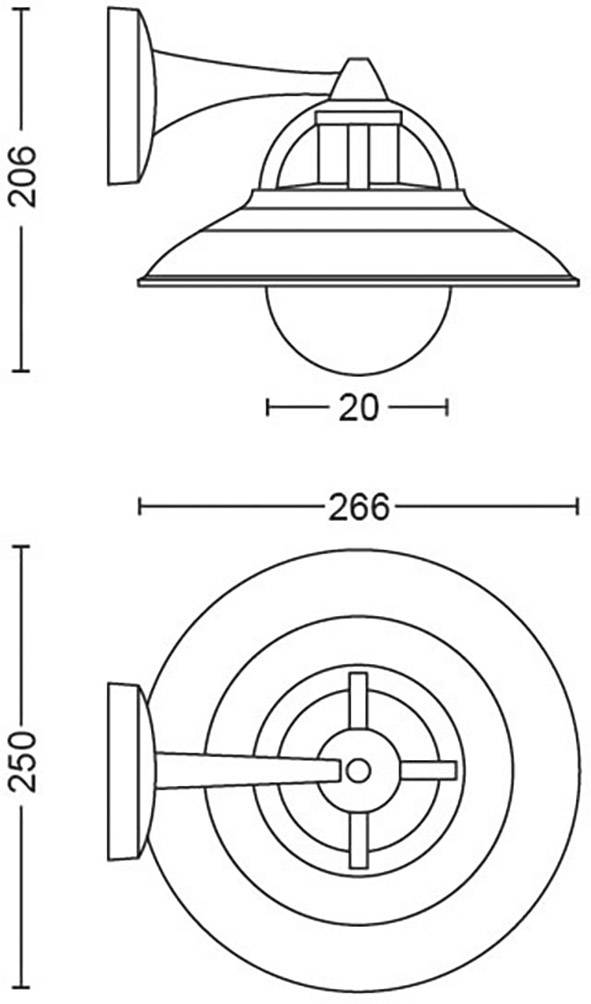 Teknisk ritning av en vägglampa med dimensionerna: 266 mm diameter, 250 mm höjd. Sido- och topografisk vy är illustrerade.