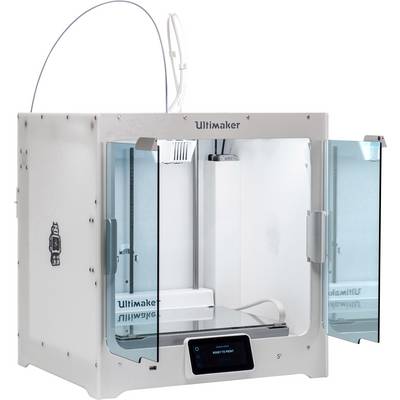 En vit 3D-skrivare med transparenta dörrar och en display som visar 'Redo att skriva ut'. Modellen är av typen Ultimaker.