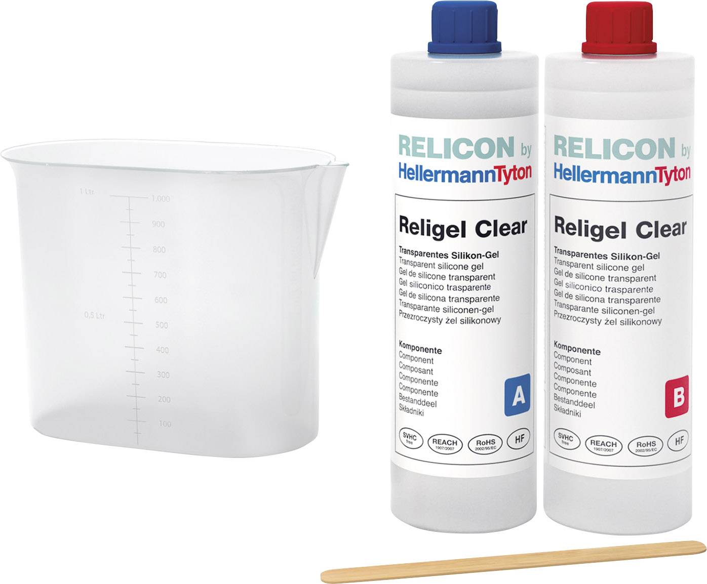 Två flaskor Relicon Religel Clear, komponent A och B, med blandningskopp och träpinne. Används för tillverkning av silikongel.