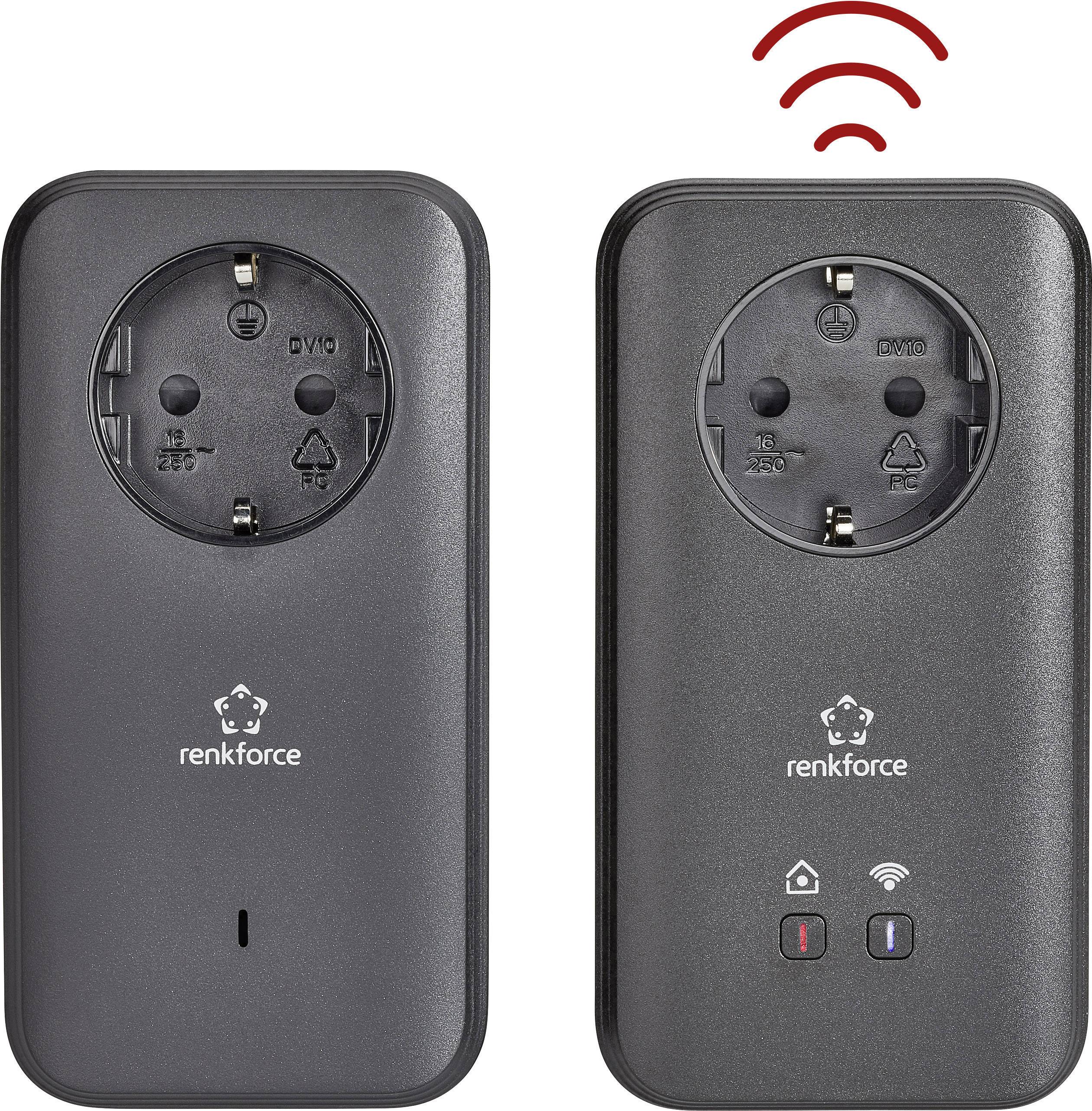 Två svarta Powerline-adaptrar från Renkforce, en med WiFi-symbol ovanför. De har eluttag och LED-indikatorer.