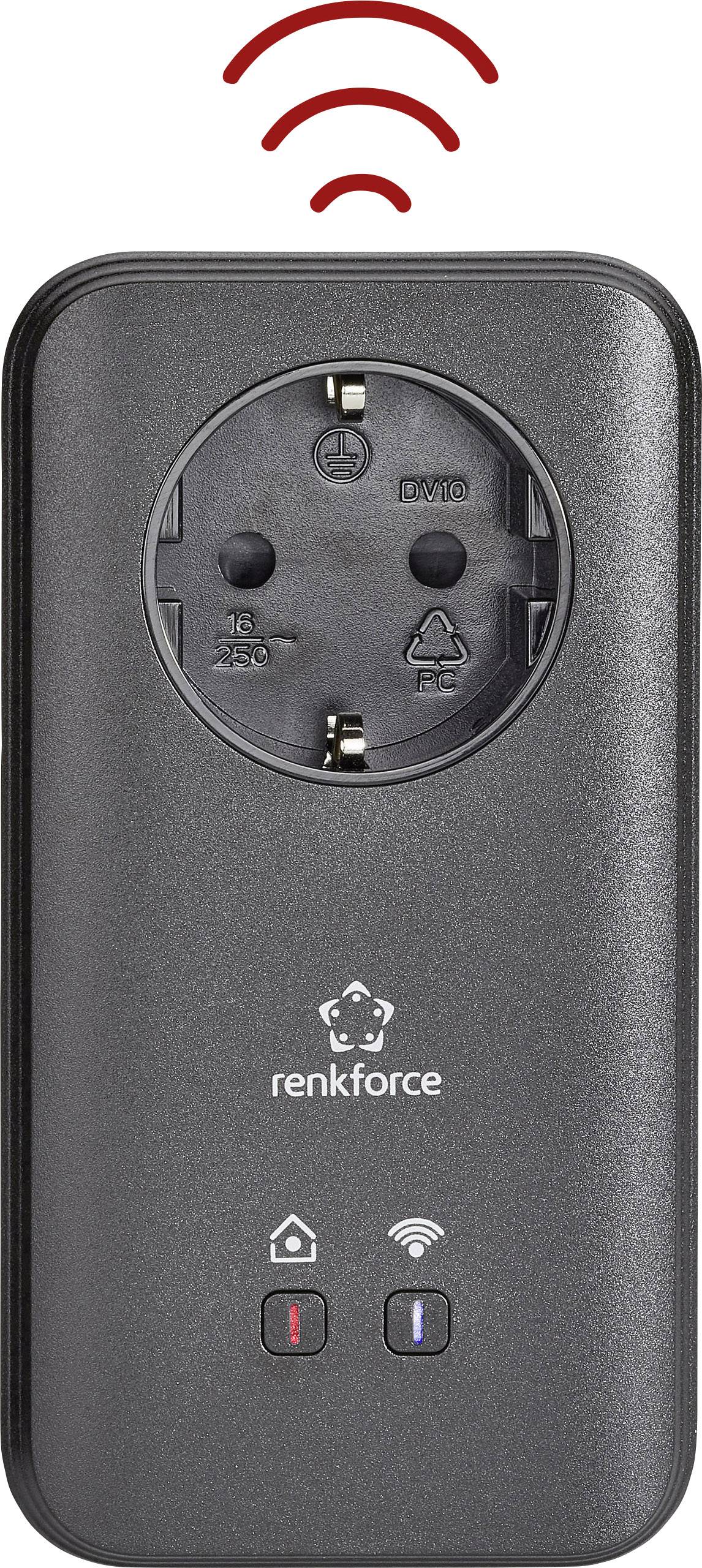 Renkforce Smart-uttag, svart, väggmonterat, med Wi-Fi-symbol högst upp. Två knappar nedtill: en med hussymbol, en med infosymbol.