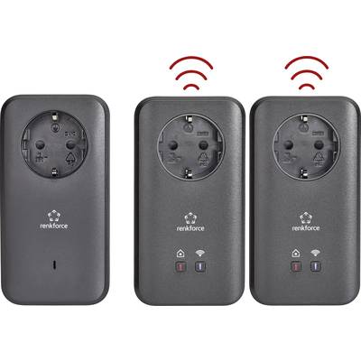 Tre svarta Renkforce-uttag med WiFi-symboler och röda radiosignaler som indikerar den trådlösa anslutningen.