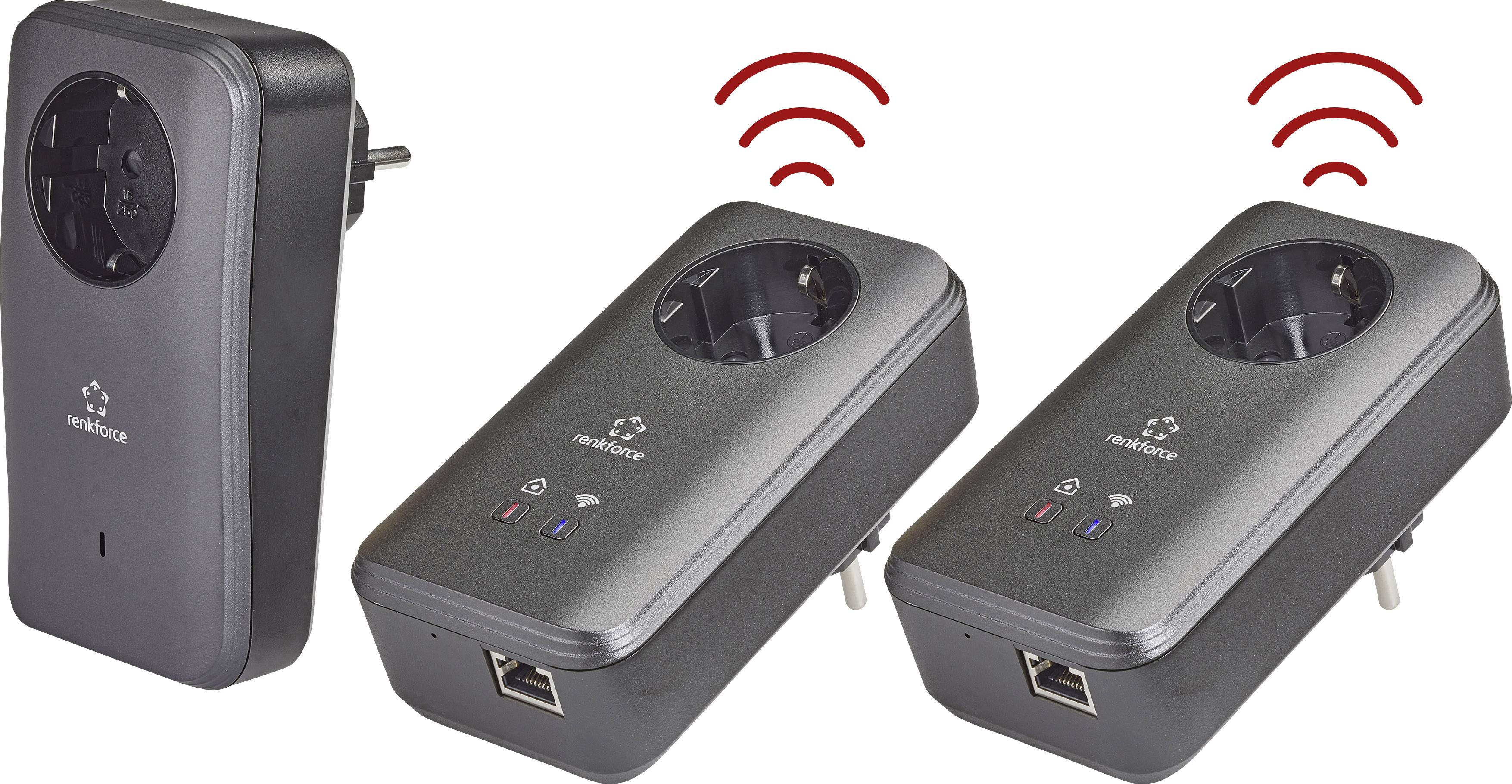 Tre svarta Powerline-adaptrar med nätuttag och LAN-anslutning. Två adaptrar har en trådlös signalsymbol överst. Ansluter enheter via elnätet.
