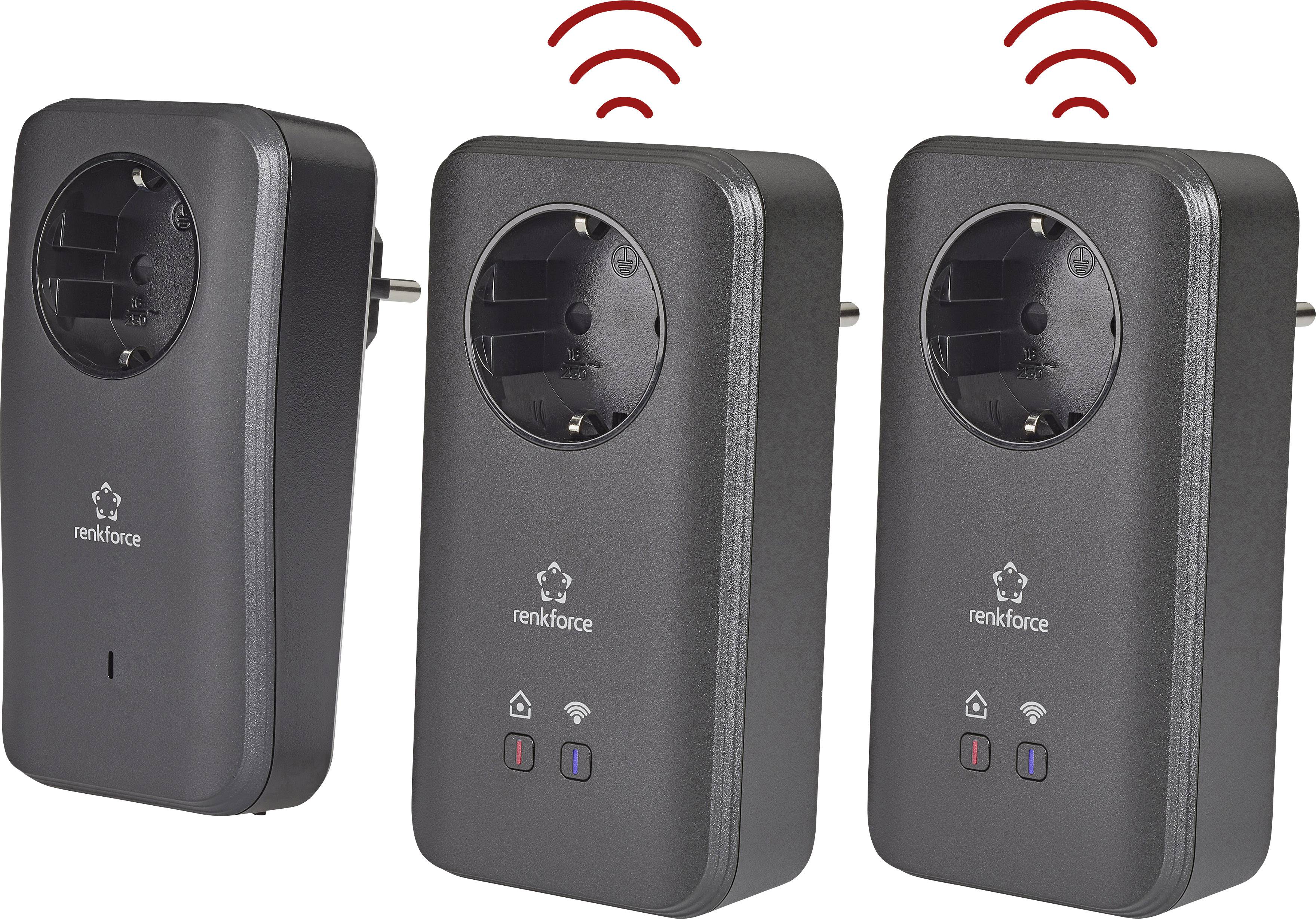 Tre svarta Powerline-adapters med WiFi-symbol och lysdioder som visar anslutningsstatus. Varumärket 'renkforce' synligt på varje enhet.