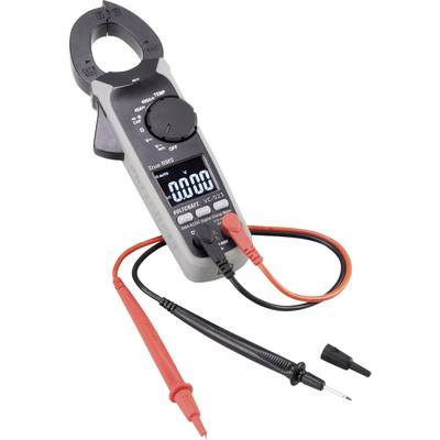 Ett digitalt tångmultimeter med öppet mätområde, vridknapp för modinställning och anslutna mätsladdar.