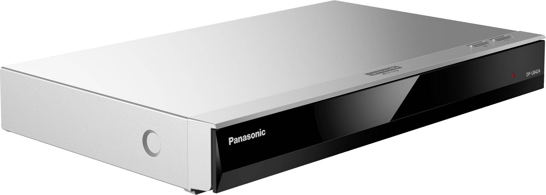 En silver Panasonic Blu-ray-spelare med svart frontvy, lämplig för uppspelning av Blu-rays och DVDs.