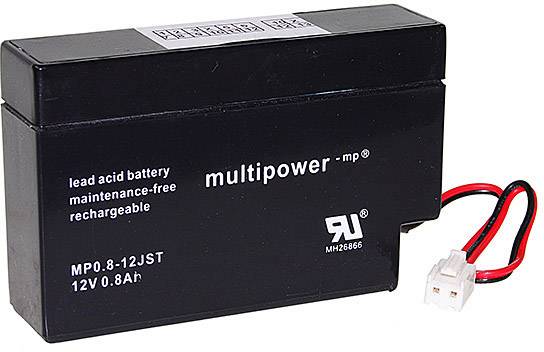 Svart blybatteri med texten 'multipower', 12V, 0,8Ah. Underhållsfritt och laddningsbart, med röda och svarta anslutningskablar.