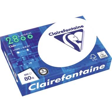 Clairefontaine Laser 2800 pappersförpackning, 500 ark, 80 g/m². Lämplig för laser- och bläckstråleskrivare. FSC-märkning synlig.