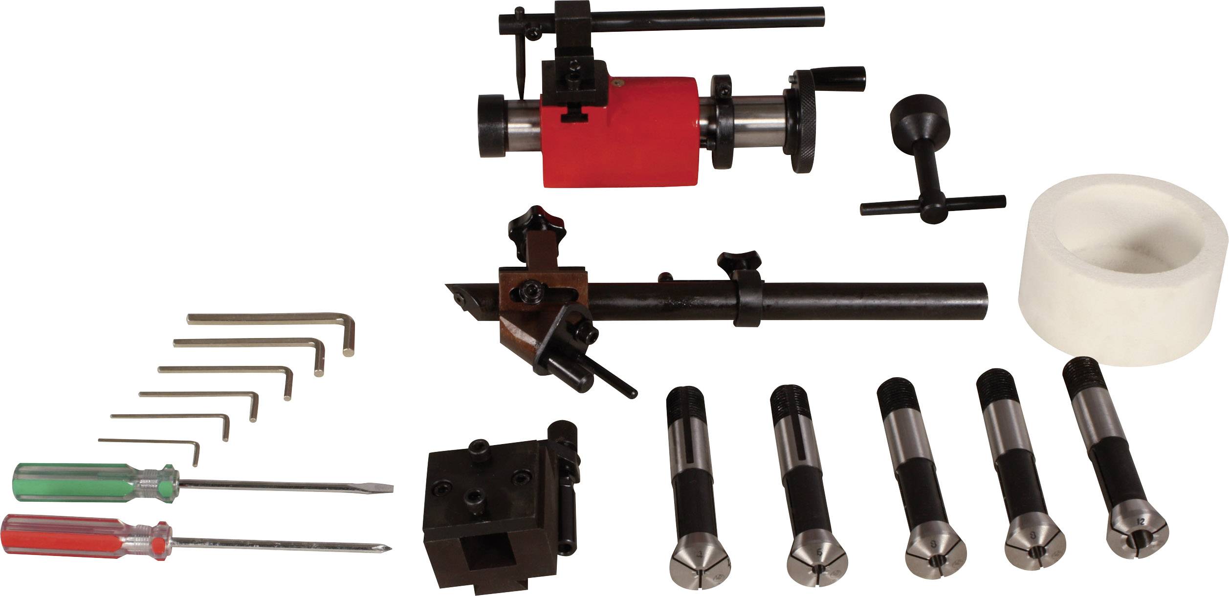 Verktygssats för cylinderlåstillverkning med insexnycklar, skruvmejslar, fräs, tillsatser och spännenhet.