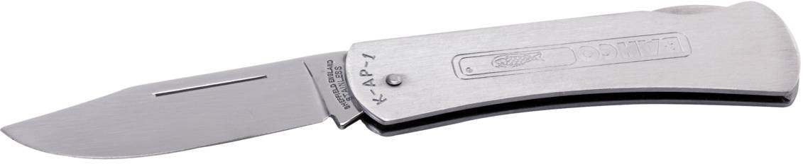 En kniv med ett fast, silverblad och ett metallhandtag där 'KAP-1' är ingraverat.