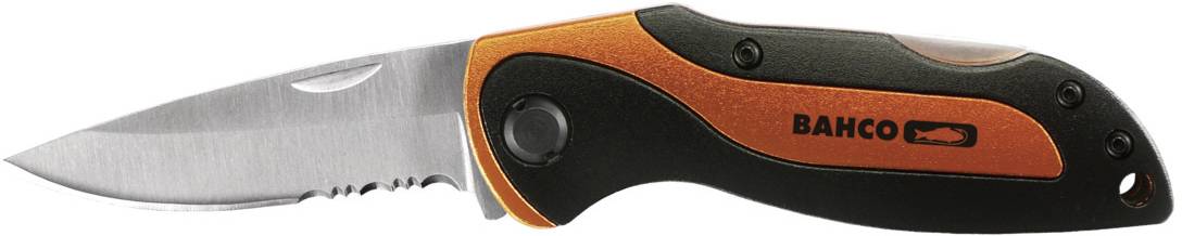 Fällkniv med orange och svart skaft, halvtandad klinga, ihopfällt läge.