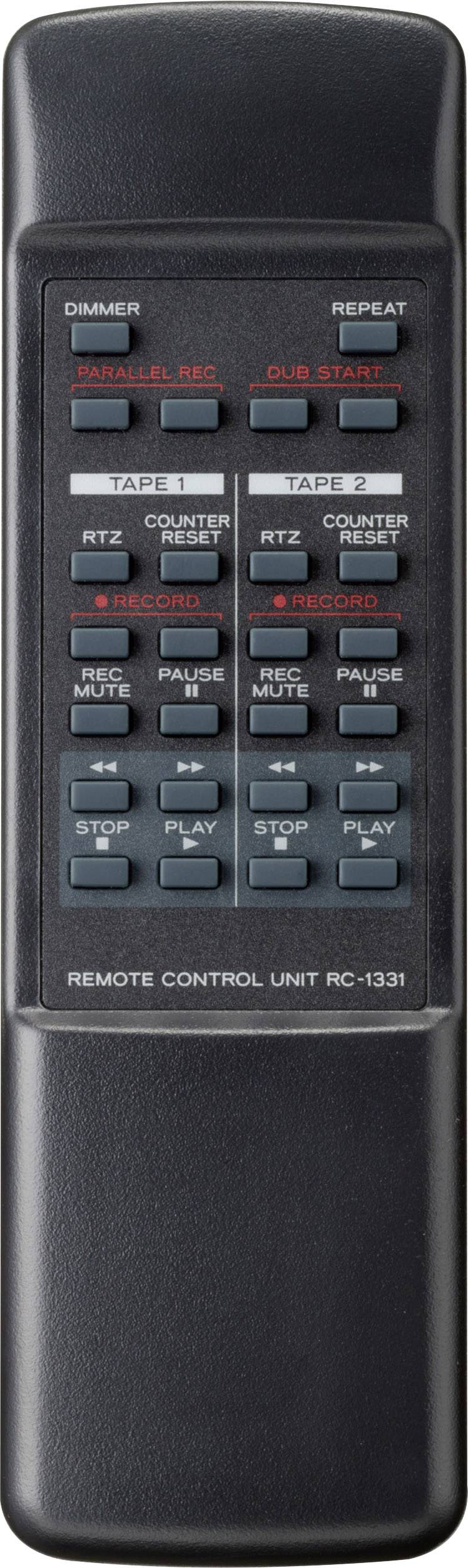 En svart fjärrkontroll med knappar för 'TAPE 1', 'TAPE 2' samt andra funktioner som 'PAUSE', 'STOP', 'PLAY', 'DIMMER', 'REPEAT'.