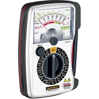 Analogt multimeter med skala för spänning, ström och resistans. Manöverratten pekar på 'AV', mätkablarna placerade till vänster.