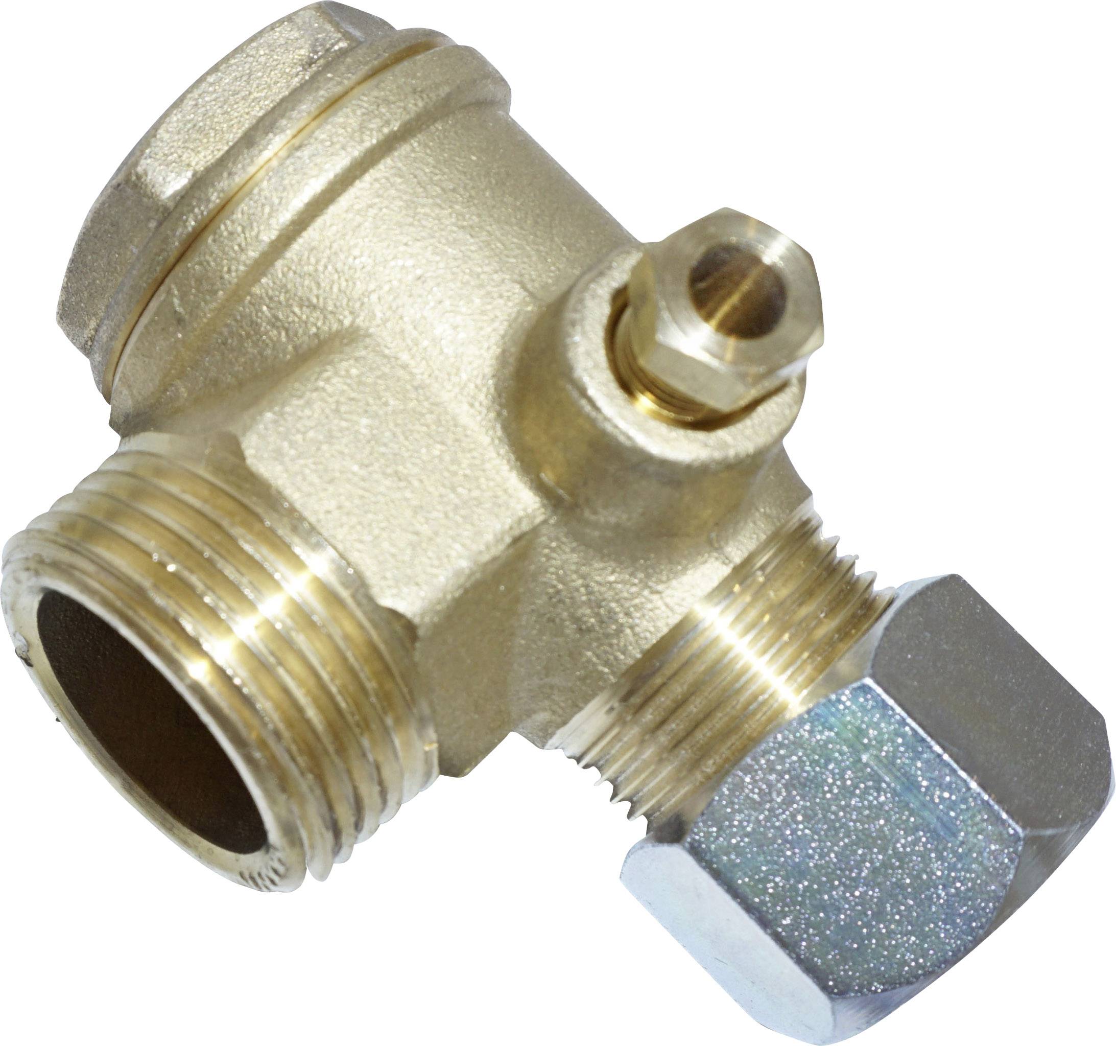 En metallvinkel med gänga, sannolikt en del av en sanitetsinstallation, framställd i mässing och silverfärgad metall.