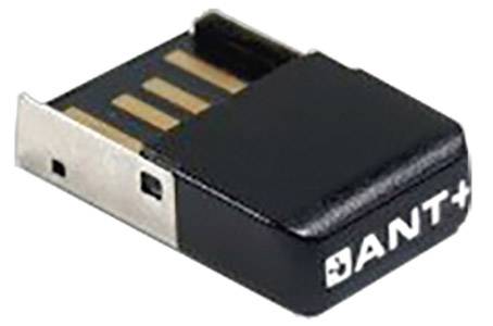 En ANT+ USB-sticka, kompakt och svart, används för trådlös anslutning till träningsutrustning och sensorer.