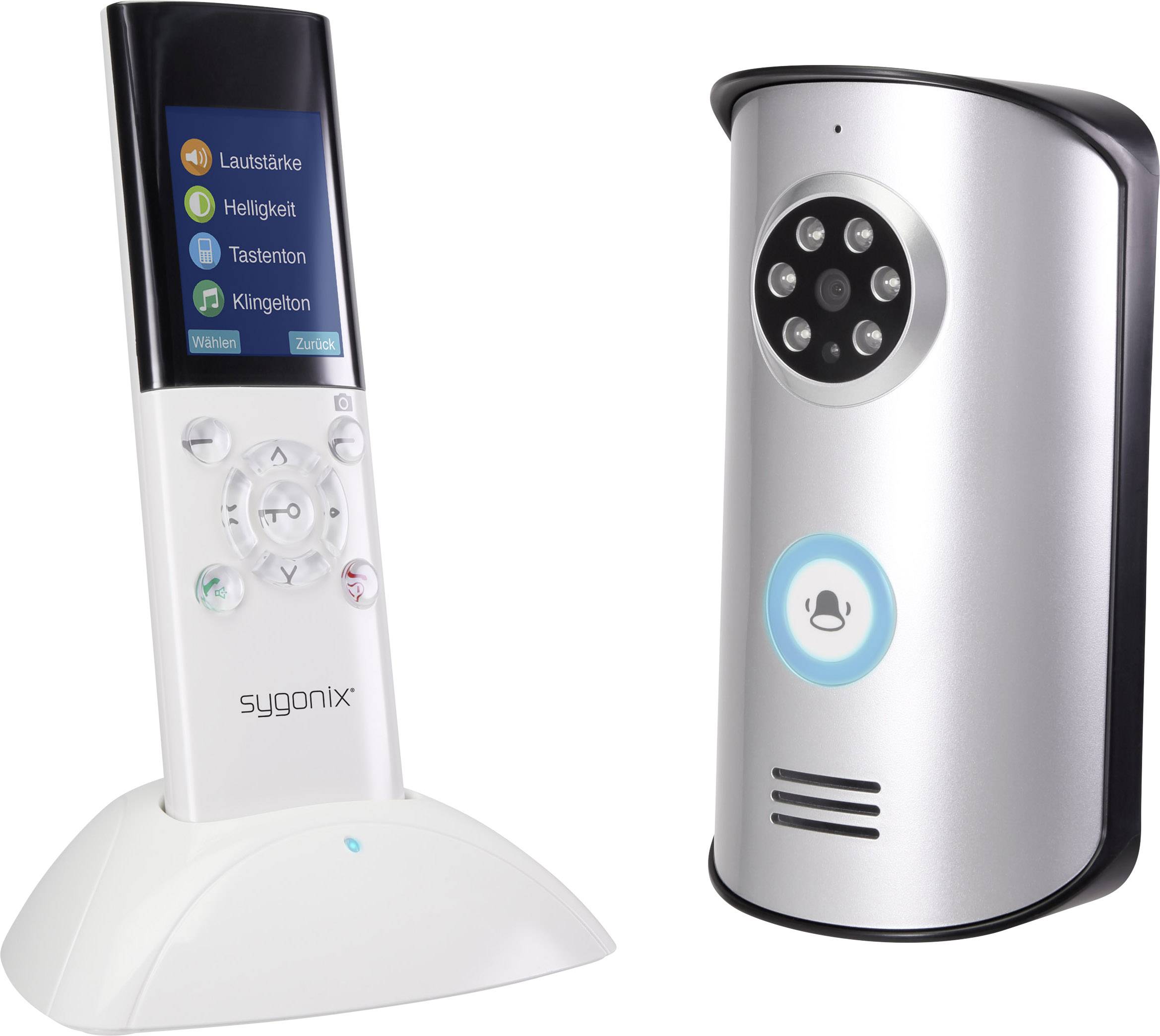 Ett videodörrtelefonset bestående av två delar: till vänster en vit mottagningsenhet med display och knappar, till höger en silverfärgad ringklockenhet med kamera.