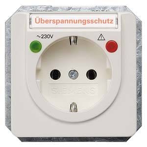 Uttag med överspänningsskydd, röda och gröna statuslampor för spänning, märkt 'Siemens', spänning: ~230V.