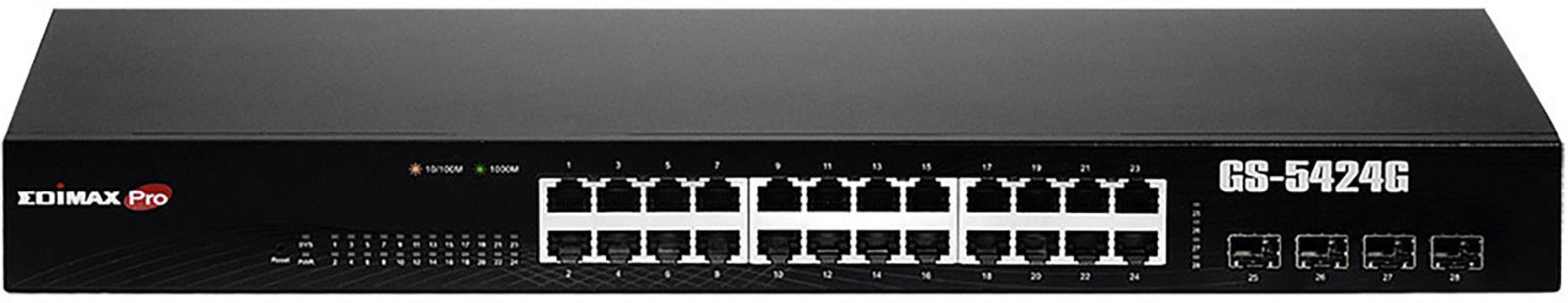 En svart nätverksswitch från Edimax Pro med 24 Ethernet-portar och fyra extra anslutningar. Modellnummer: GS-5424G.