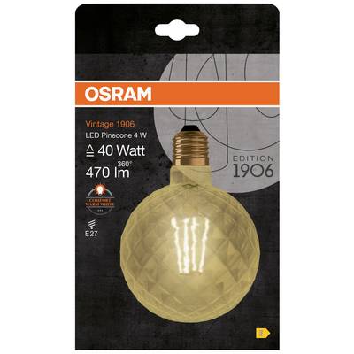 Osram Vintage 1906 LED-lampa, 4W, 40 Watt, 470 Lumen, E27. Bekvämt varmvitt ljus. Edition 1906, tallkottsform.