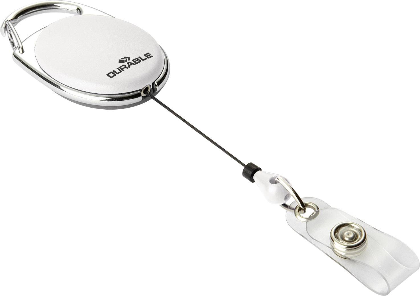 En vit, rund ID-hållare med ett utdragbart band, en silverfärgad kant och en clip för att fästa kort.