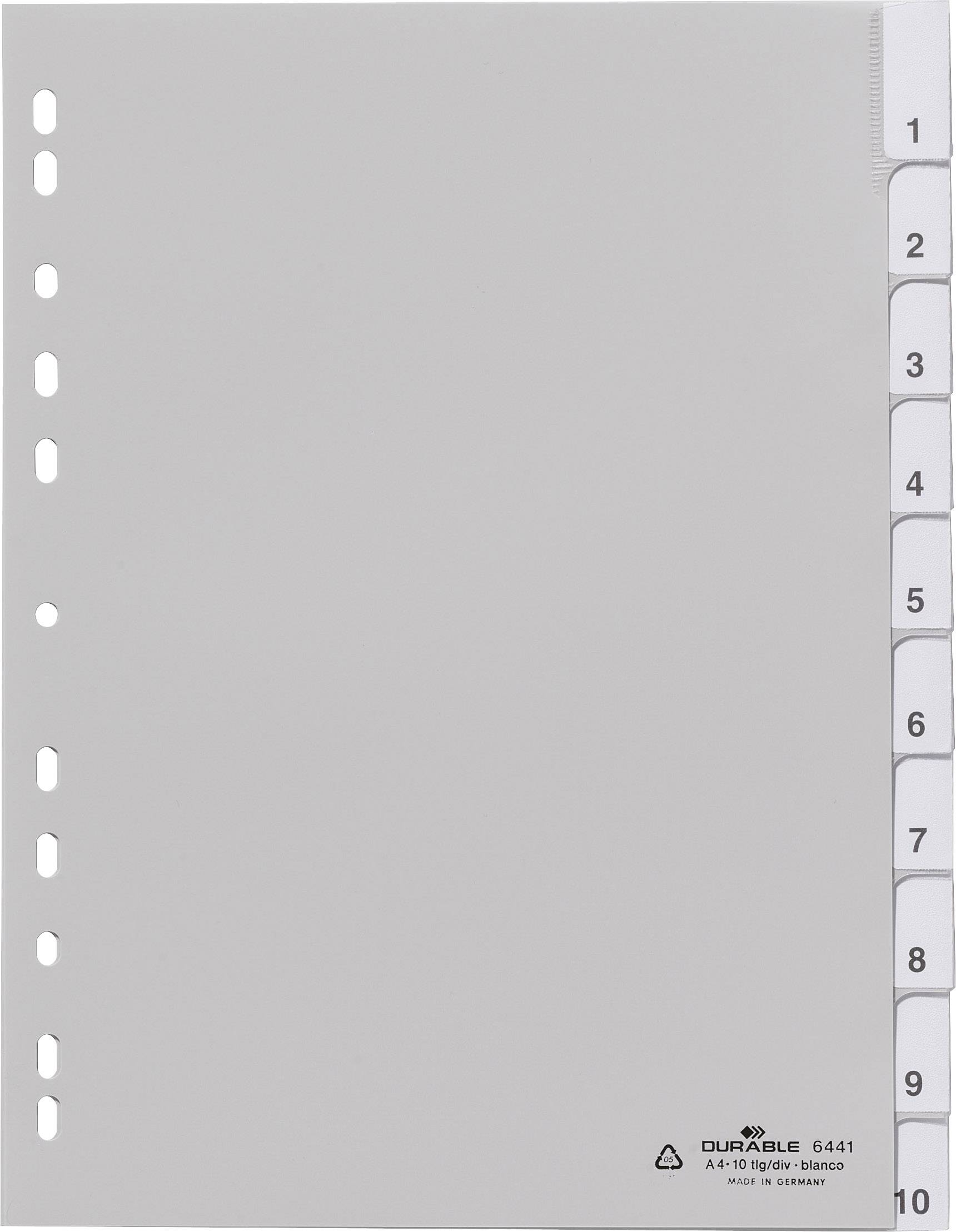 Durable 6441 Register DIN A4 1-10 Polypropylen Vit 10 registerblad omsvetsade tabbar, med utbytbar isticksskylt 644102
