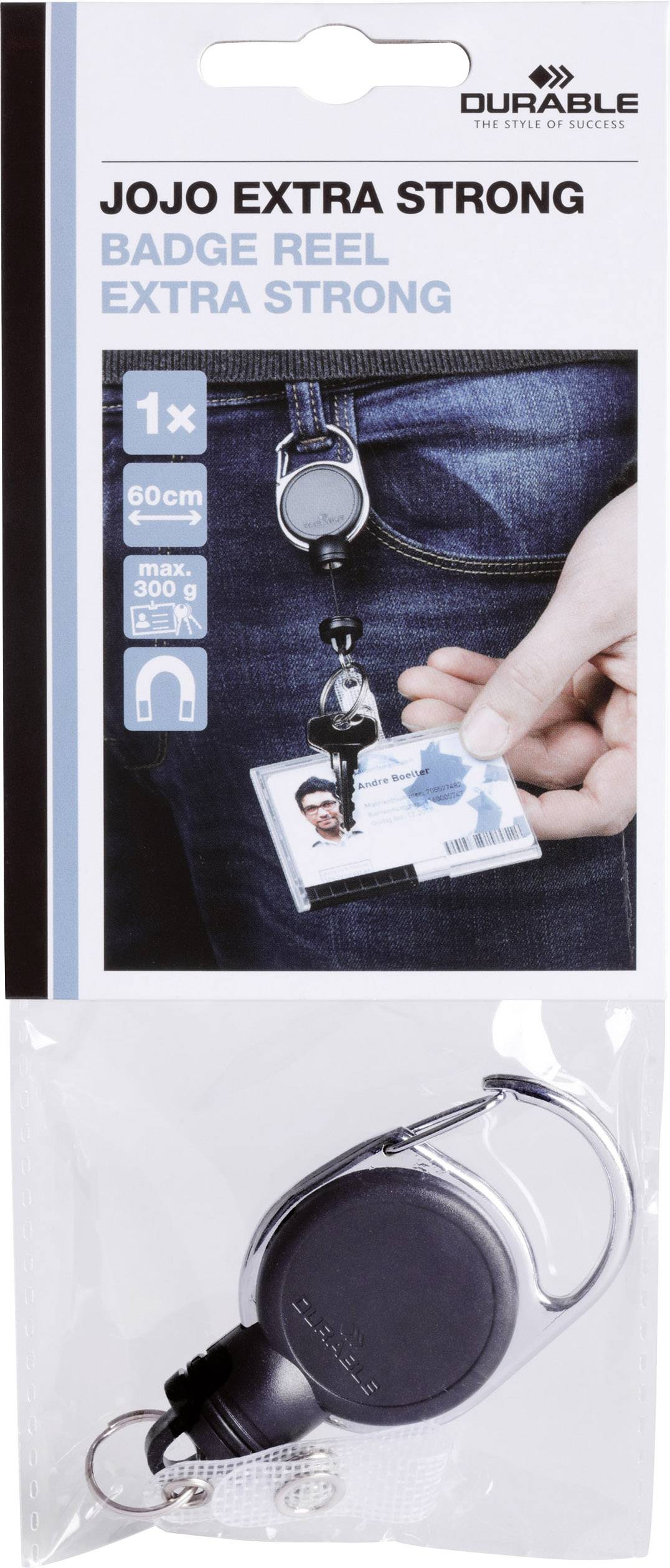 Förpackning för en extra stark yoyo-hållare för ID-kort. Visar användning vid bälte med ID-kort. Maximal bärkraft: 300g, längd: 60cm.