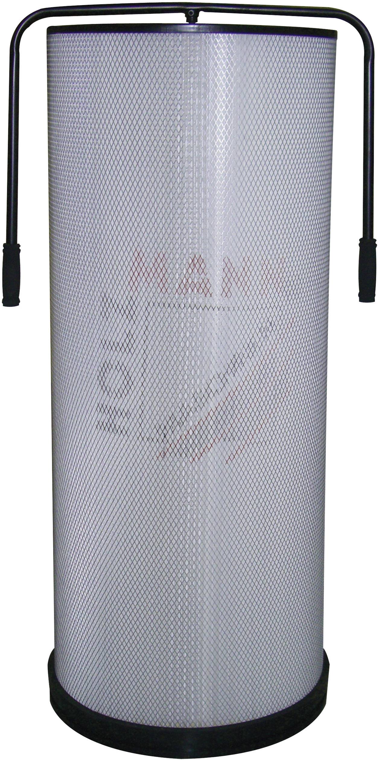 Cylindrisk luftfilter med handtag, grått gallermönster, 'Mann' logotyp synlig.