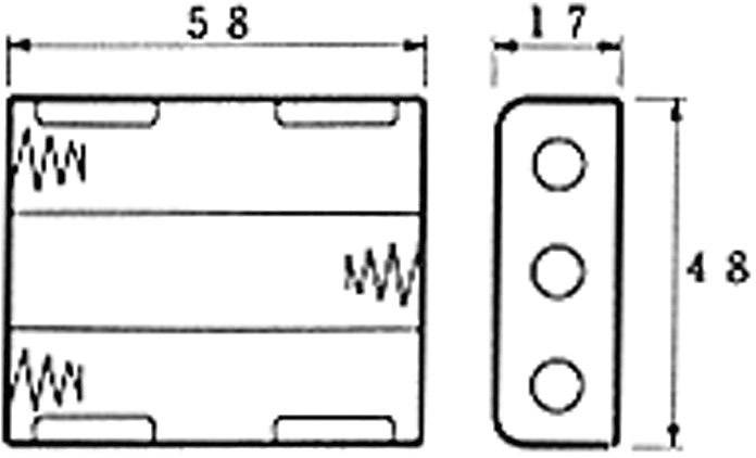 Teknisk ritning av ett gångjärn med dimensioner: bredd 58 mm, djup 17 mm, höjd 48 mm, tre borrhål på höger sida.