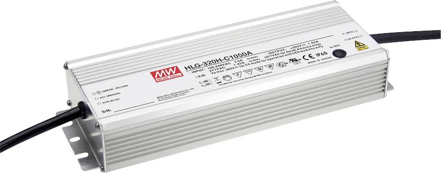 Ett silverfärgat LED-nätaggregat med påtryckt text 'HLG-320H-C1050A' från märket 'MW'. Tekniska specifikationer och säkerhetsmärken är tryckta på enheten.