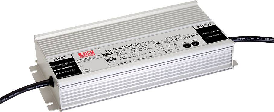 LED-drivdon från Mean Well, modellnummer HLG-480H-54A, med aluminiumhölje och kabelanslutningar. Lämplig för industriella tillämpningar.